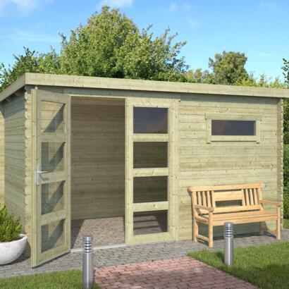 8711471581760 1022523 Outdoor Life Products Tuinhuis Blokhut Timian 380x230 Olijfgroen Geïmpregneerd 2 min